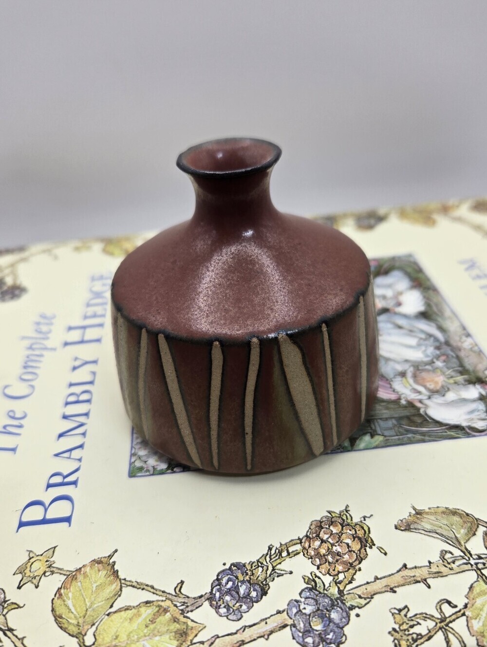 Vintage Pottery Bud Vase With Textured Stripes